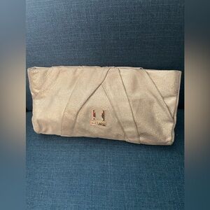 Halston Heritage Leather Mettalic Gold Long Statement Clutch Handbag Purse